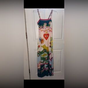 Artsy Linen-Blend Mythical Fantasy Dragon Graphic Maxi Sundress w/ Pockets Small